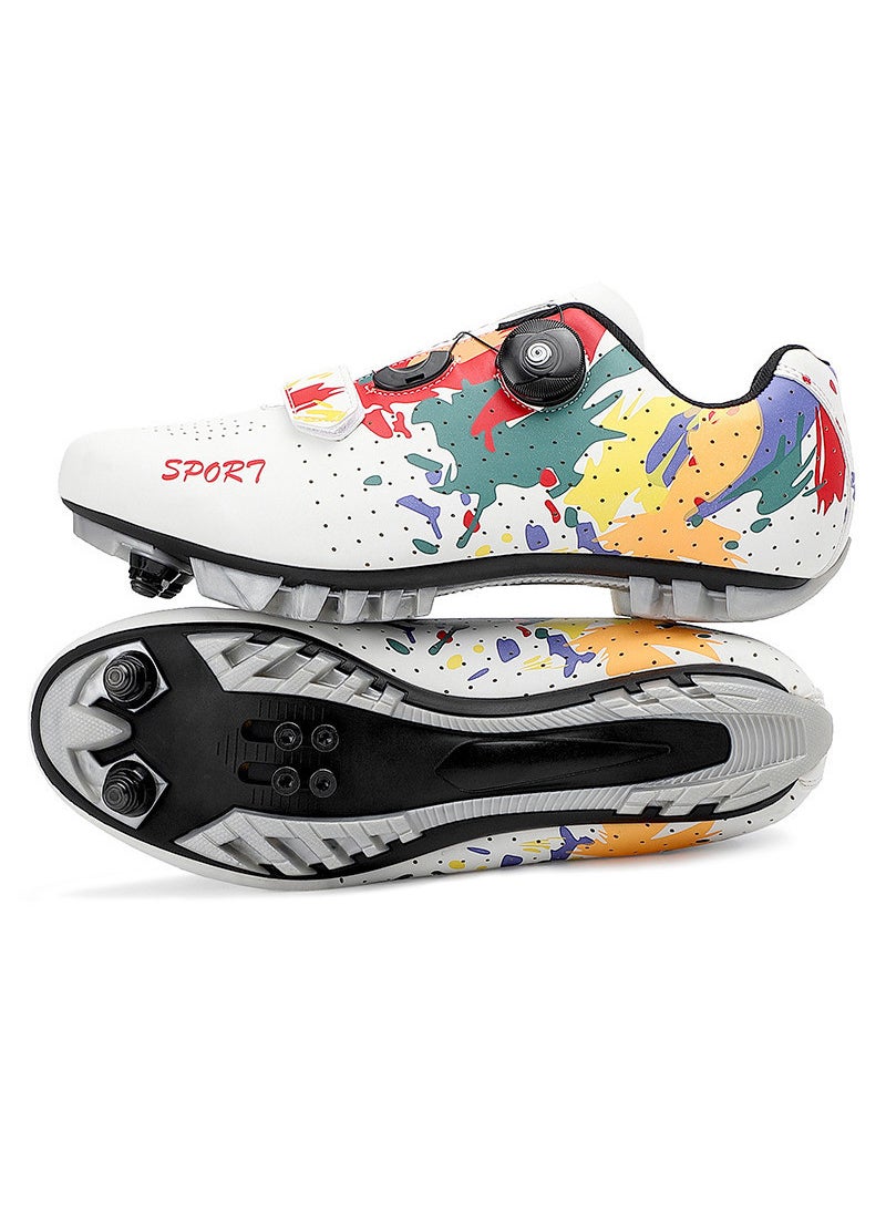 Unisex Mountain Bike Riding Shoes Graffiti Hard Bottom Dynamic Single Bicycle Shoes No Lock Road Bike Shoes Cycling Footwear White is mountain bottom