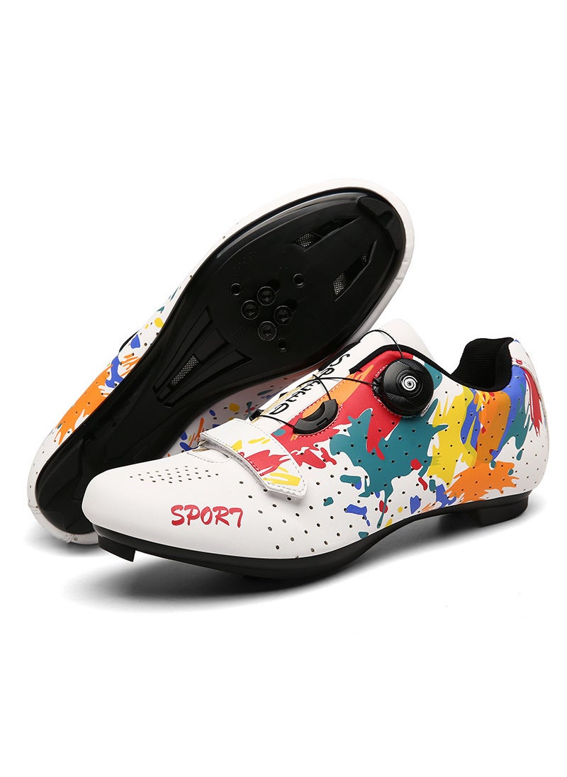 Unisex Mountain Bike Riding Shoes Graffiti Hard Bottom Dynamic Single Bicycle Shoes No Lock Road Bike Shoes Cycling Footwear White Road bottom
