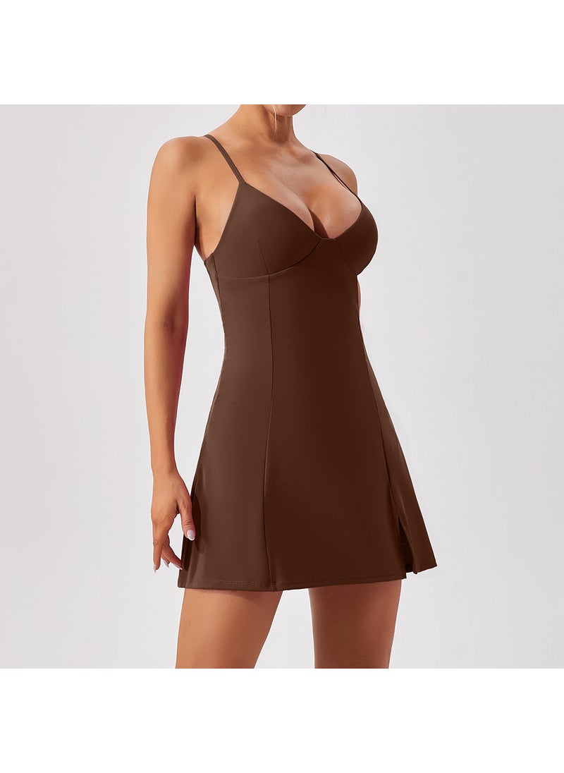 New Seamless Tennis Dress Yoga Fitness Skirt Breathable Anti-Exposure Dark brown
