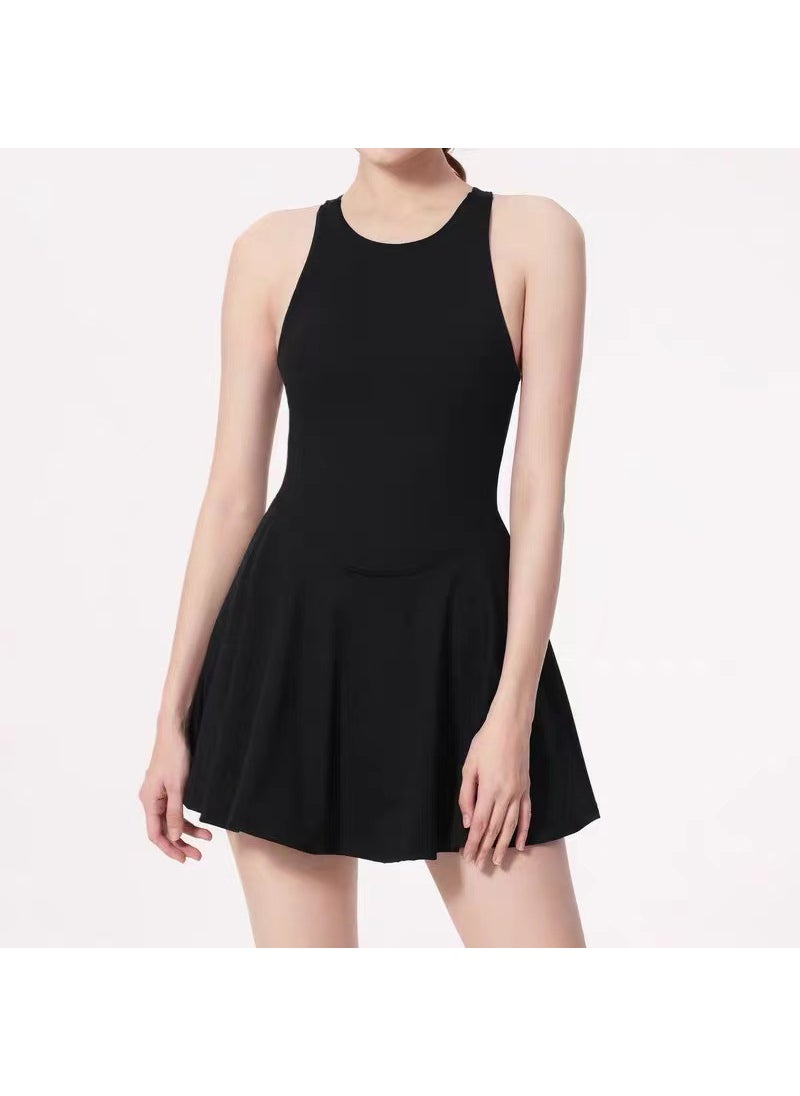 Breathable Tennis Dress with Built-in Shorts Black