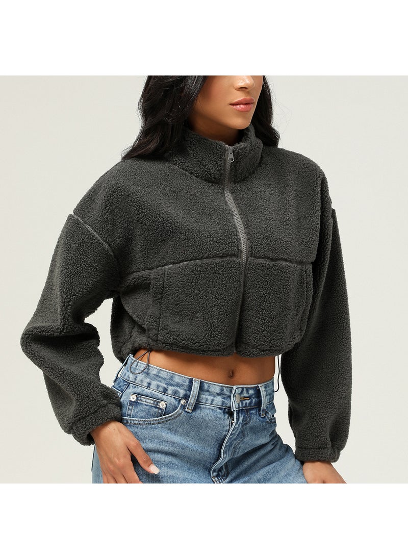 CasualLamb Wool Jacket for Women New Imported Autumn/Winter Plush Cropped Top Jacket Outdoor Running Jacket Sportswear Dark gray