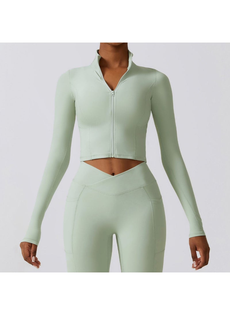 Winter Quick Dry Long Sleeve Yoga Jacket Zip Up Running Sports Outer Wear Tight Naked Feeling Fashionable Fitness Wear Gray bean green [78% nylon + 22% spandex]