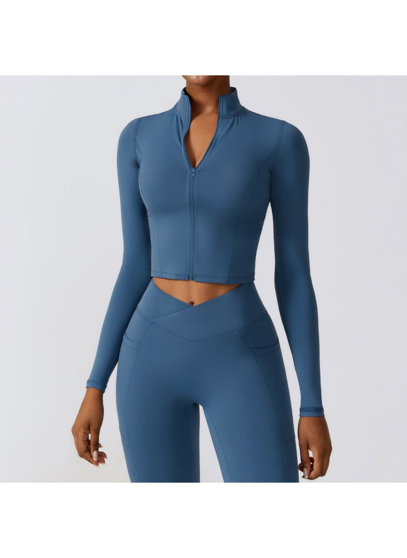 Winter Quick Dry Long Sleeve Yoga Jacket Zip Up Running Sports Outer Wear Tight Naked Feeling Fashionable Fitness Wear Night sky blue [78% nylon + 22% spandex]