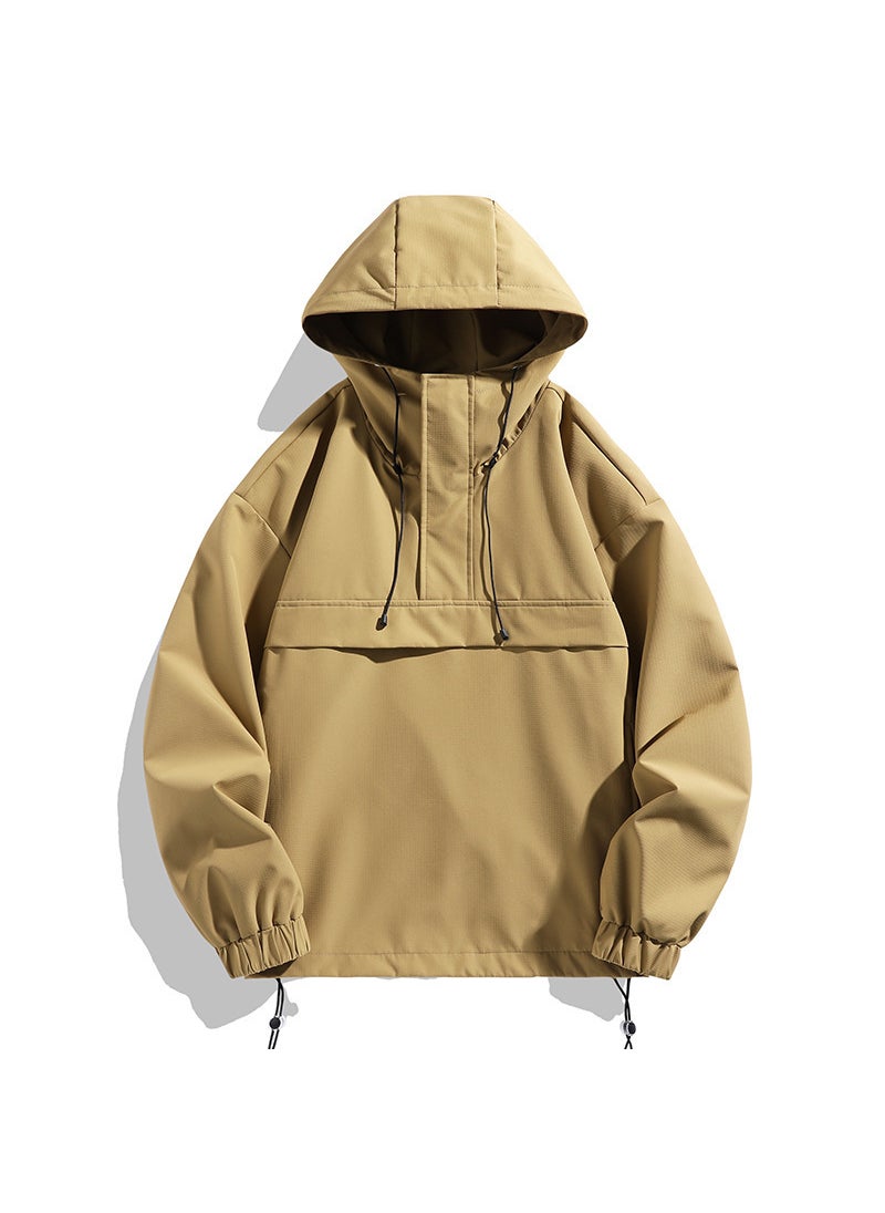 Trendy Vintage Solid Color Mens Half-Zip Pullover Jacket 2024 New Loose-Fit Streetwear Versatile Climbing Jacket Brown