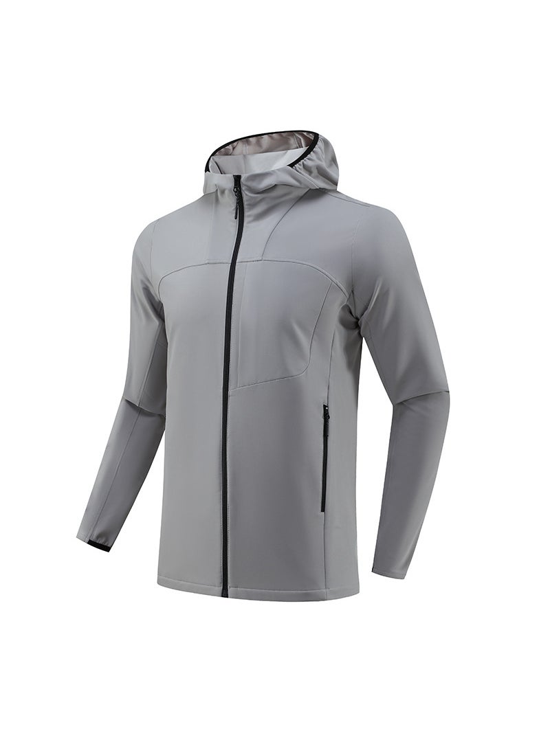 Mens Outdoor Sports Jacket Quick Dry Breathable Running Zipper Hood Casual Long Sleeve Coat Polyester Fiber Hat Integrated charcoal ash
