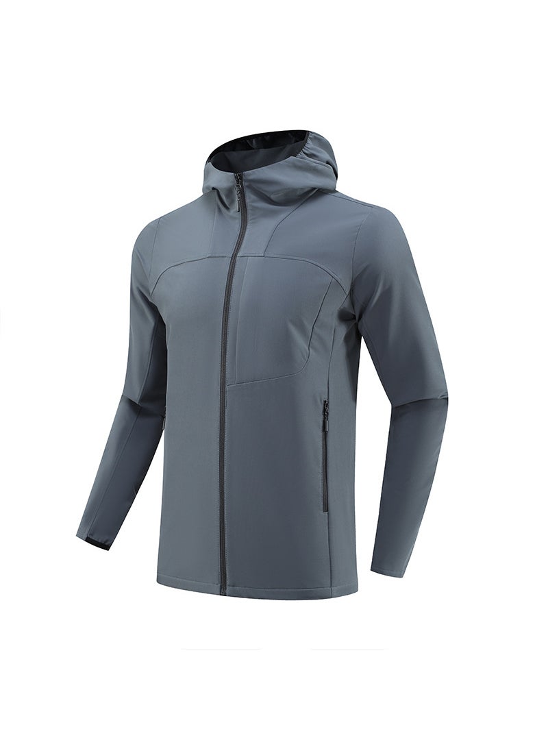 Mens Outdoor Sports Jacket Quick Dry Breathable Running Zipper Hood Casual Long Sleeve Coat Polyester Fiber Hat Integrated rhino gray
