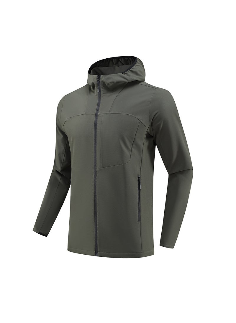 Mens Outdoor Sports Jacket Quick Dry Breathable Running Zipper Hood Casual Long Sleeve Coat Polyester Fiber Hat Integrated A green