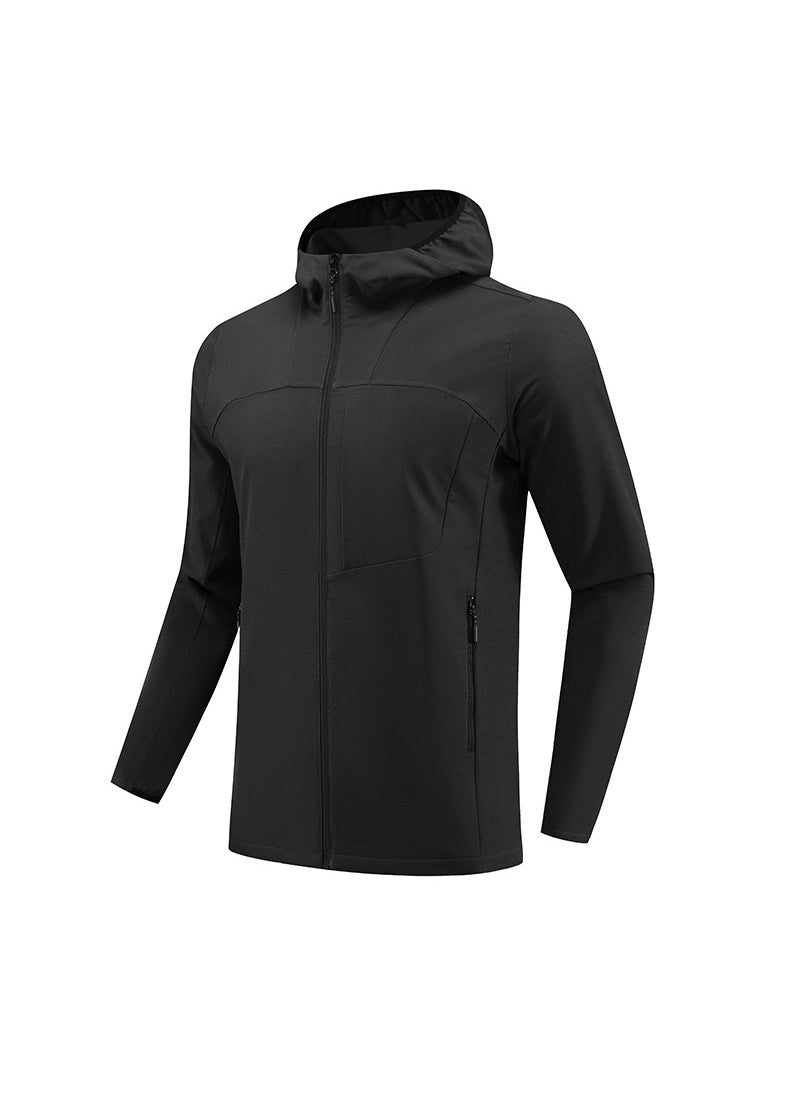 Mens Outdoor Sports Jacket Quick Dry Breathable Running Zipper Hood Casual Long Sleeve Coat Polyester Fiber Hat Integrated fashion black