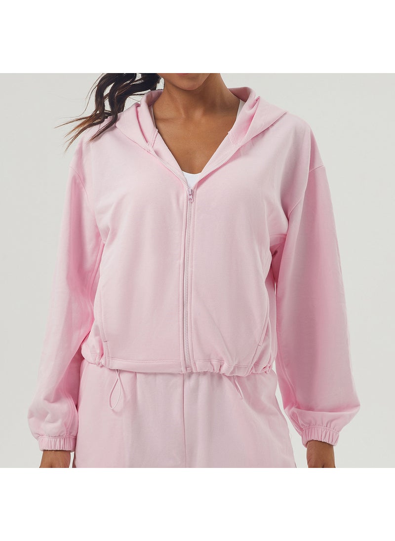 Casual Fitness Zipper Hoodie Outdoor Running Training Jacket Polyester Fabric Long Sleeve Womens Autumn Sportswear Sakura Powder