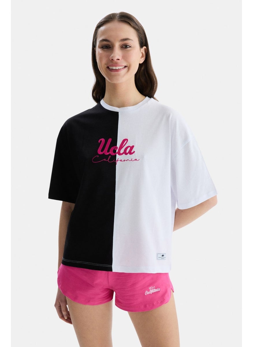 Felız Black Crew Neck Embroidered Women's Tshirt