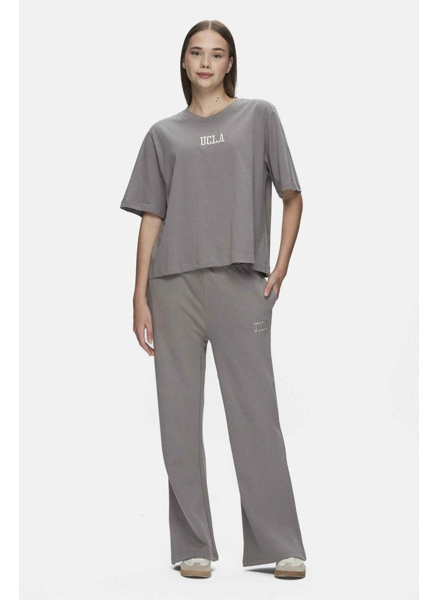 Manuela Gray Crew Neck T-shirt Embroidered Loose Fit Women's T-shirt