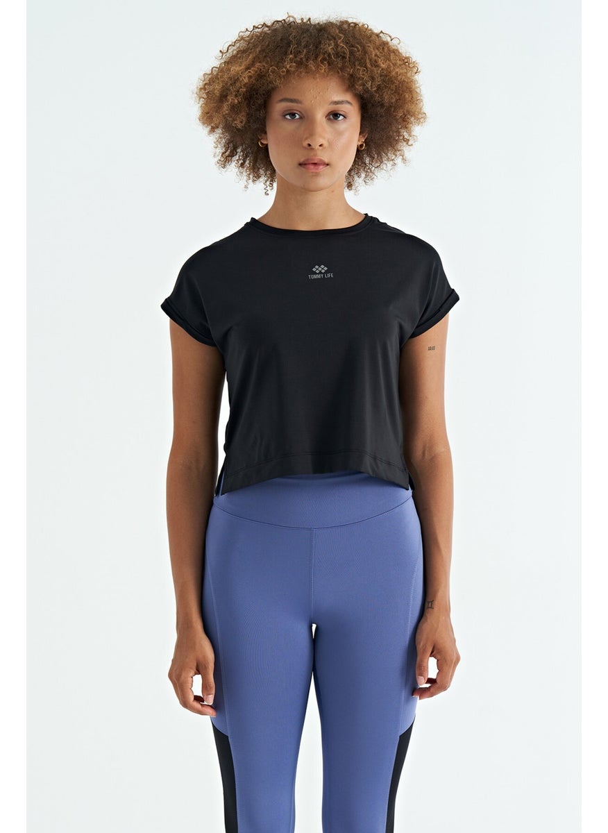 Black Logo Printed O Neck Low Sleeve Oversize Women's Crop T-Shirt - 97262