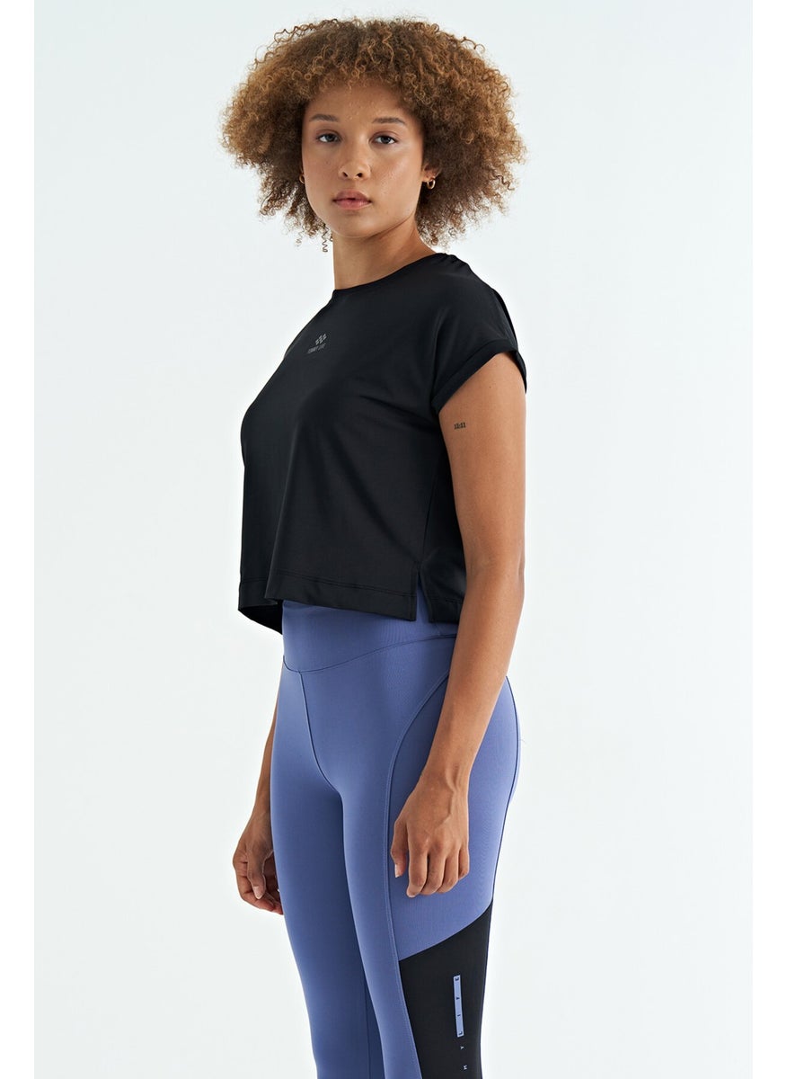 Black Logo Printed O Neck Low Sleeve Oversize Women's Crop T-Shirt - 97262