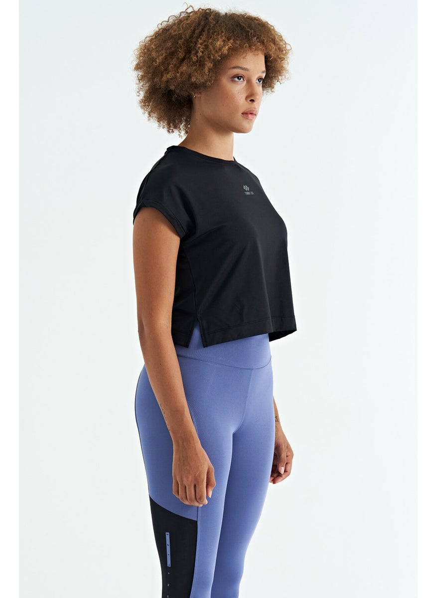 Black Logo Printed O Neck Low Sleeve Oversize Women's Crop T-Shirt - 97262