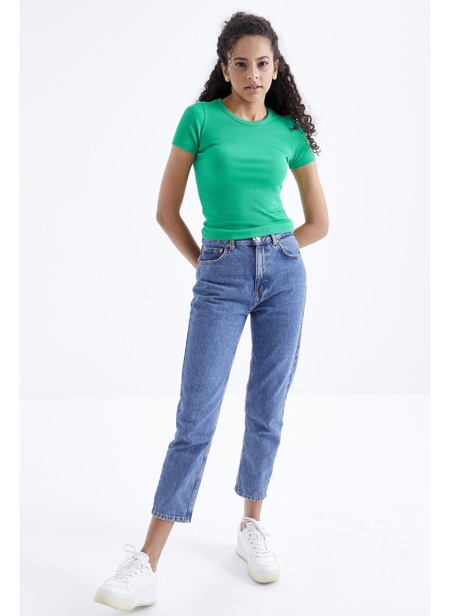 Green Basic Short Sleeve O Neck Women's Crop Top - 97202