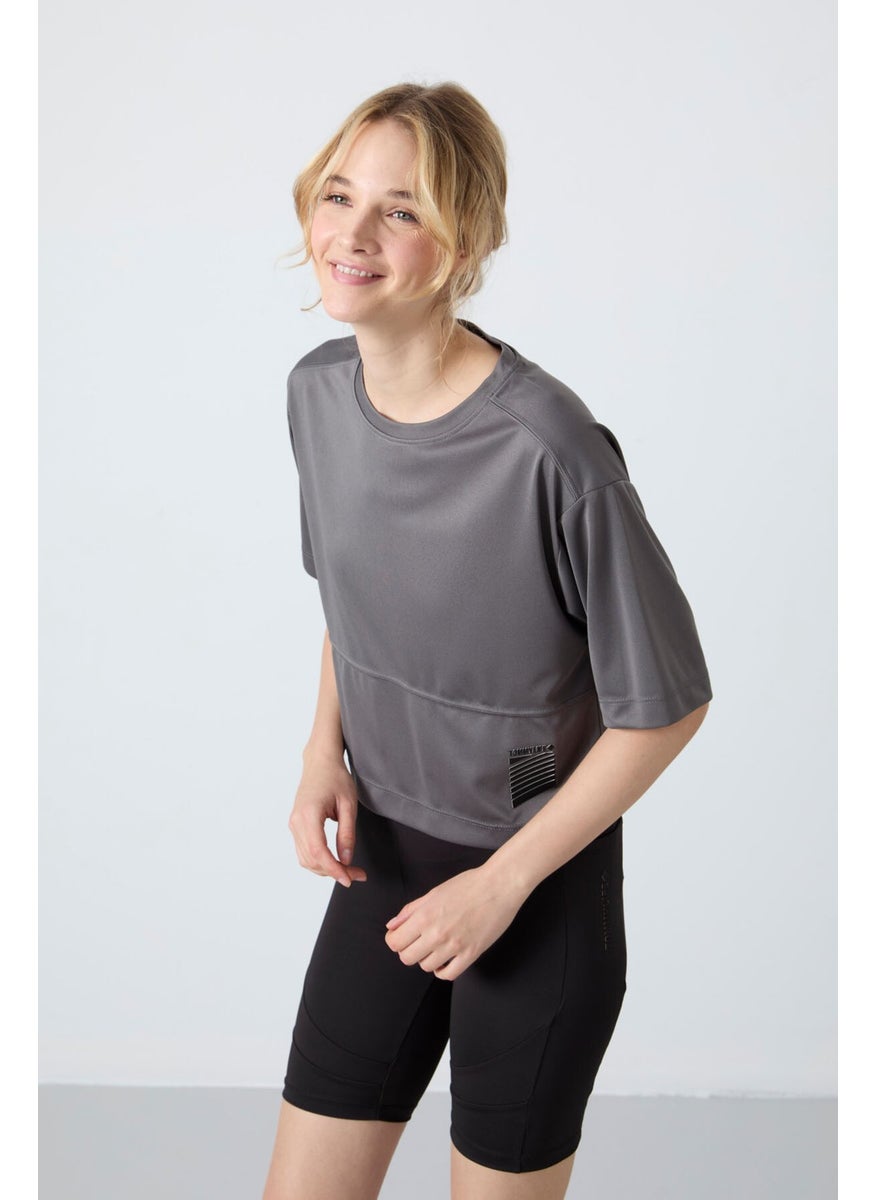 Dark Gray Polyester Breathable Textured Thin Flexible Oversize Fit Performance Women's T-Shirt - 97284