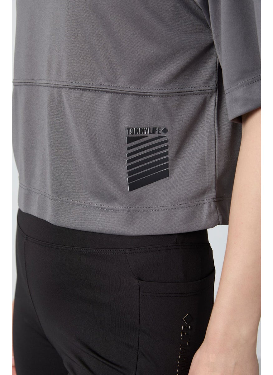 Dark Gray Polyester Breathable Textured Thin Flexible Oversize Fit Performance Women's T-Shirt - 97284