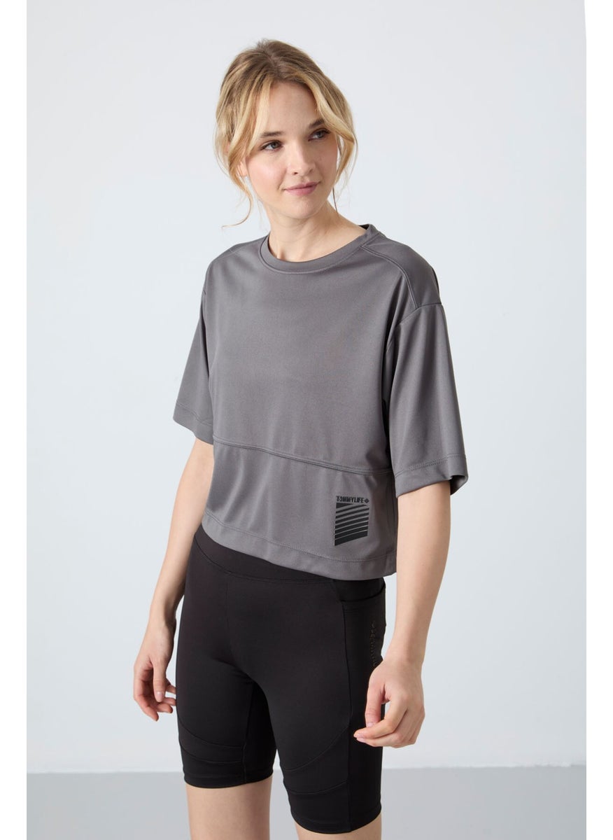 Dark Gray Polyester Breathable Textured Thin Flexible Oversize Fit Performance Women's T-Shirt - 97284