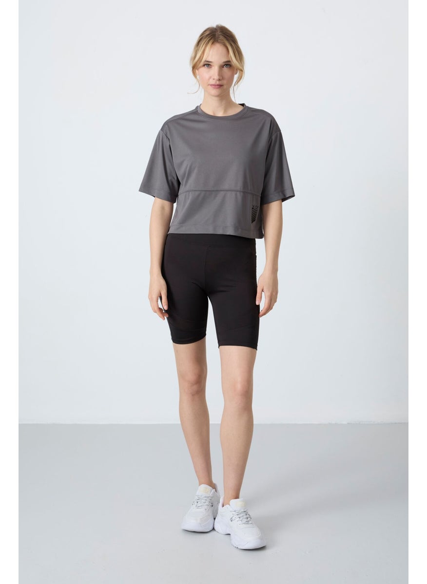 Dark Gray Polyester Breathable Textured Thin Flexible Oversize Fit Performance Women's T-Shirt - 97284