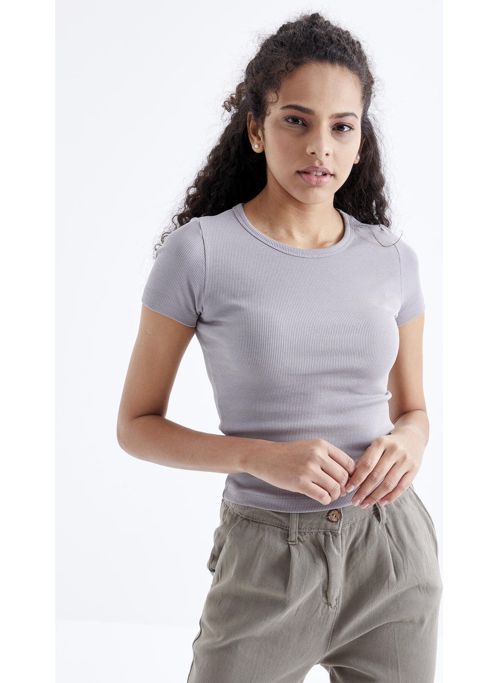 Gray Basic Short Sleeve O Neck Women's Crop Top - 97202