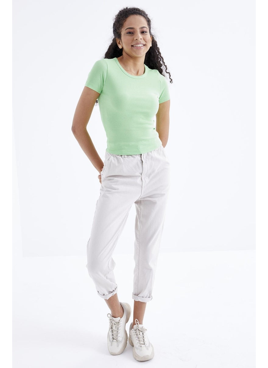 Peanut Green Basic Short Sleeve O Neck Women's Crop Top - 97202