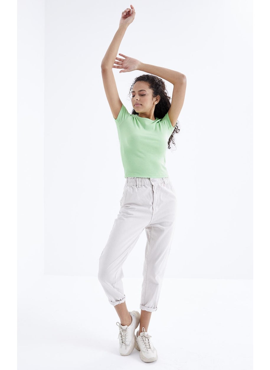 Peanut Green Basic Short Sleeve O Neck Women's Crop Top - 97202