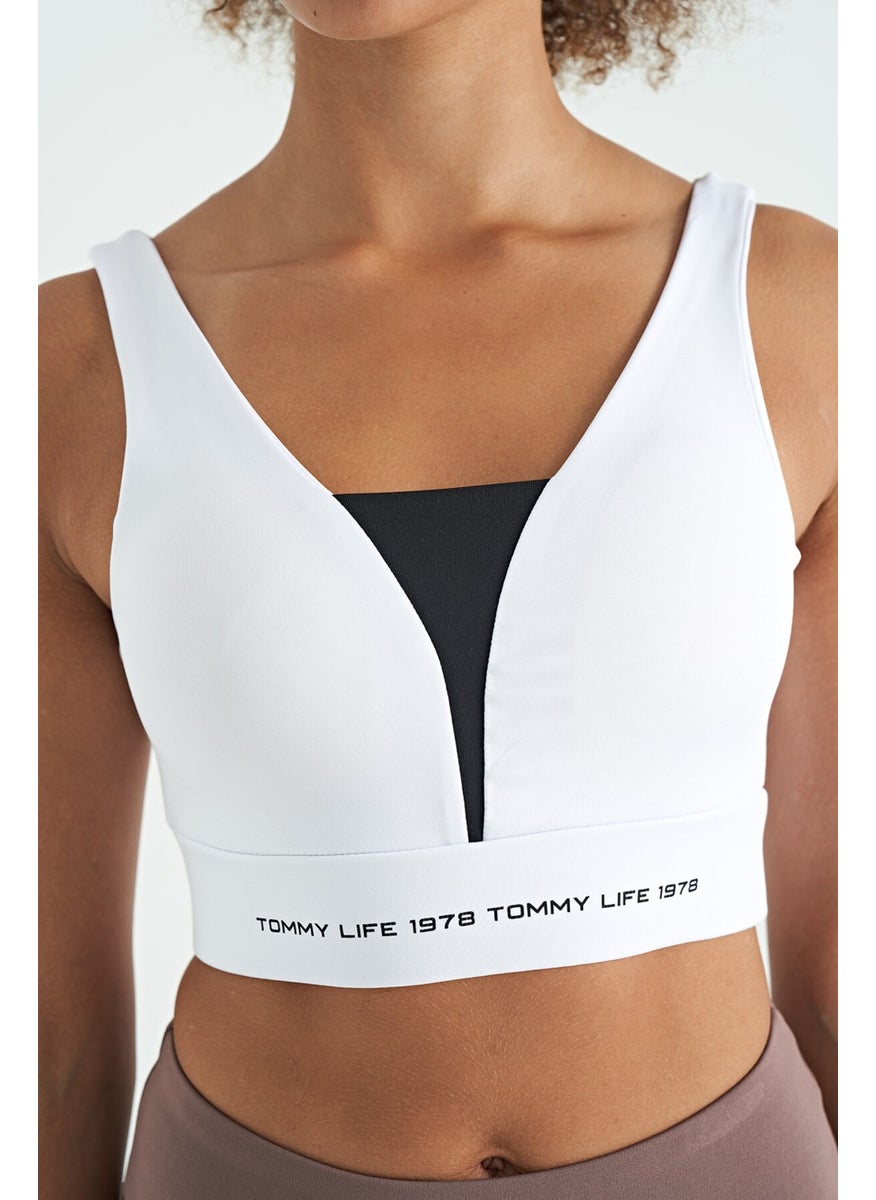 White Text Printed Color Block Slim Fit Diving Fabric Women's Bustier - 97271