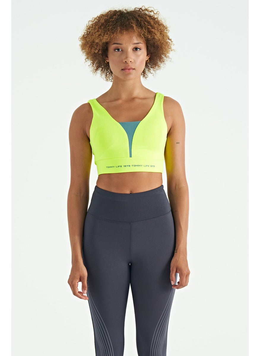 Neon Yellow Text Printed Color Block Slim Fit Diving Fabric Women's Bustier - 97271