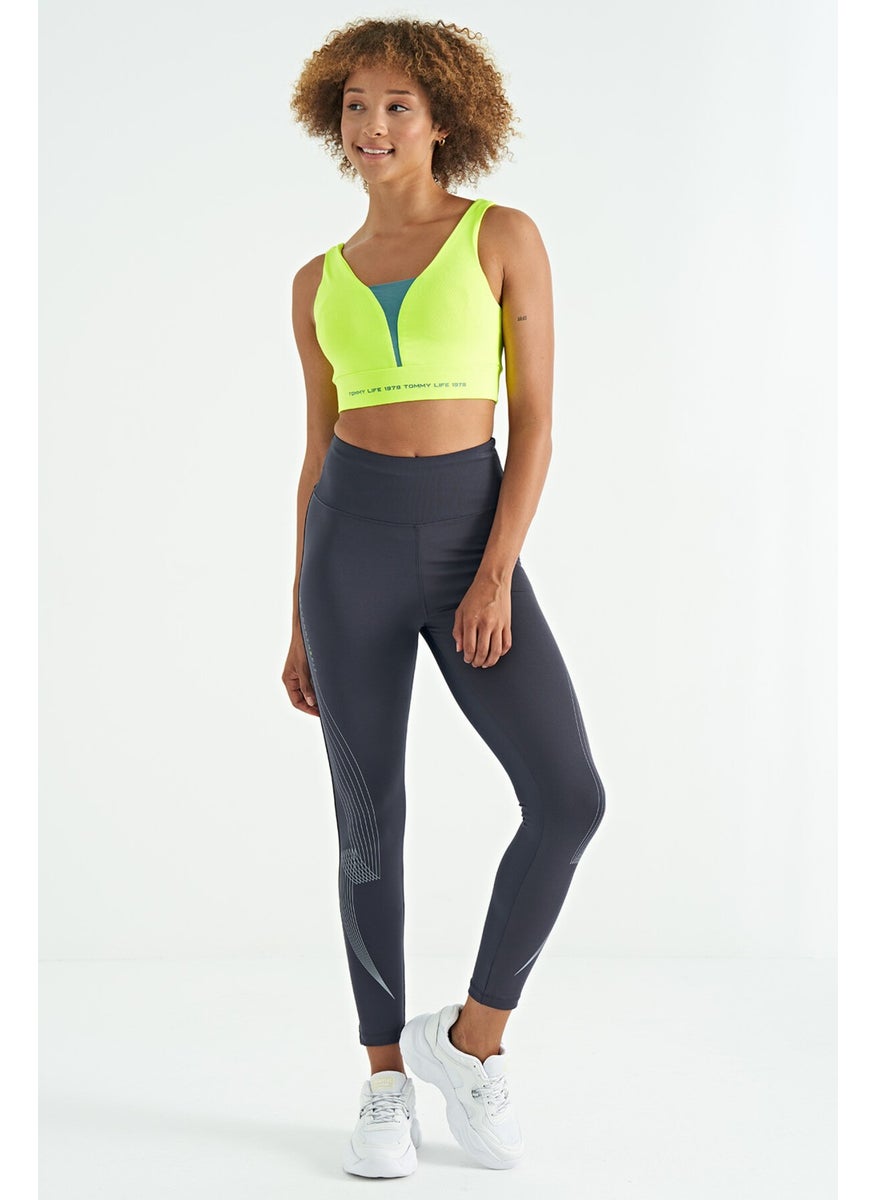 Neon Yellow Text Printed Color Block Slim Fit Diving Fabric Women's Bustier - 97271