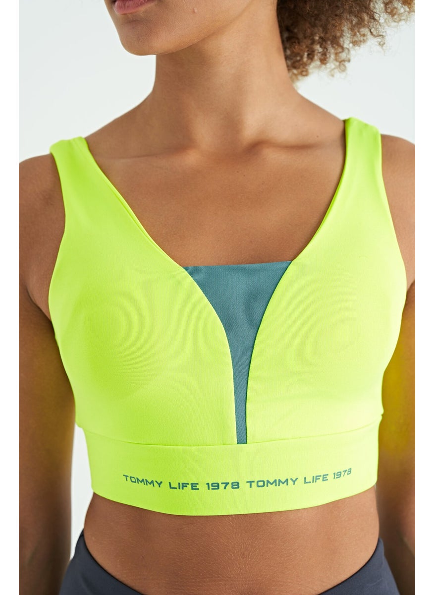 Neon Yellow Text Printed Color Block Slim Fit Diving Fabric Women's Bustier - 97271