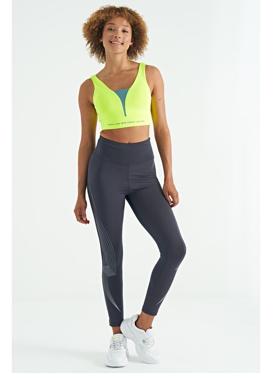 Neon Yellow Text Printed Color Block Slim Fit Diving Fabric Women's Bustier - 97271
