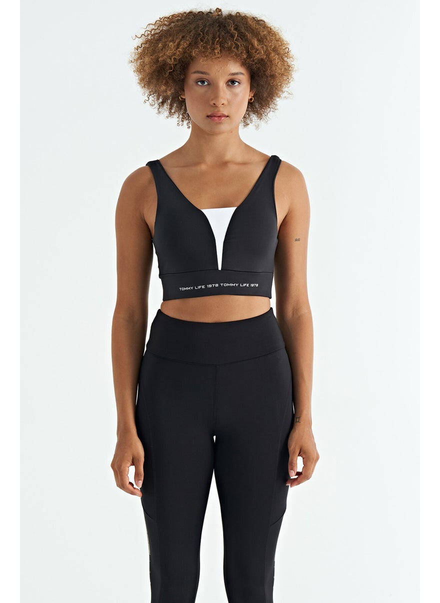 Black - White Text Printed Color Block Slim Fit Diving Fabric Women's Bustier - 97271