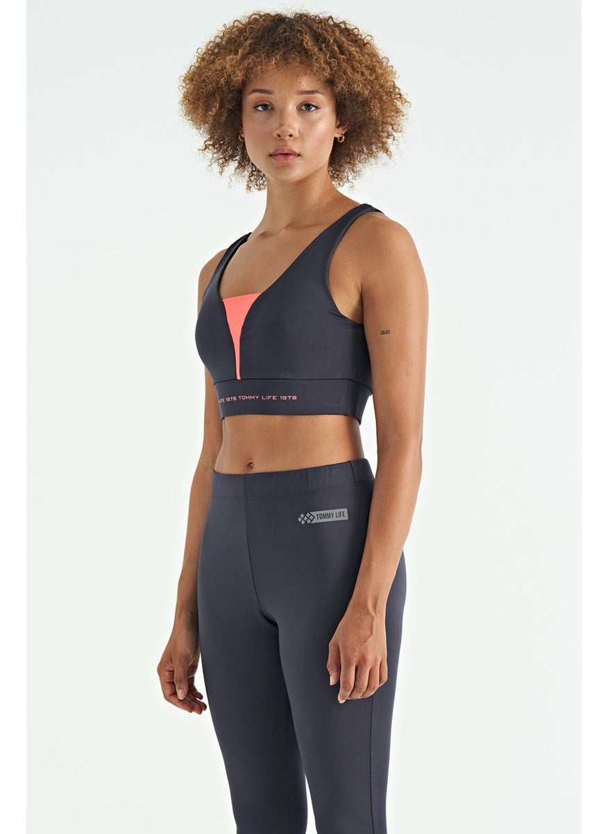 Anthracite Text Printed Color Block Slim Fit Diving Fabric Women's Bustier - 97271