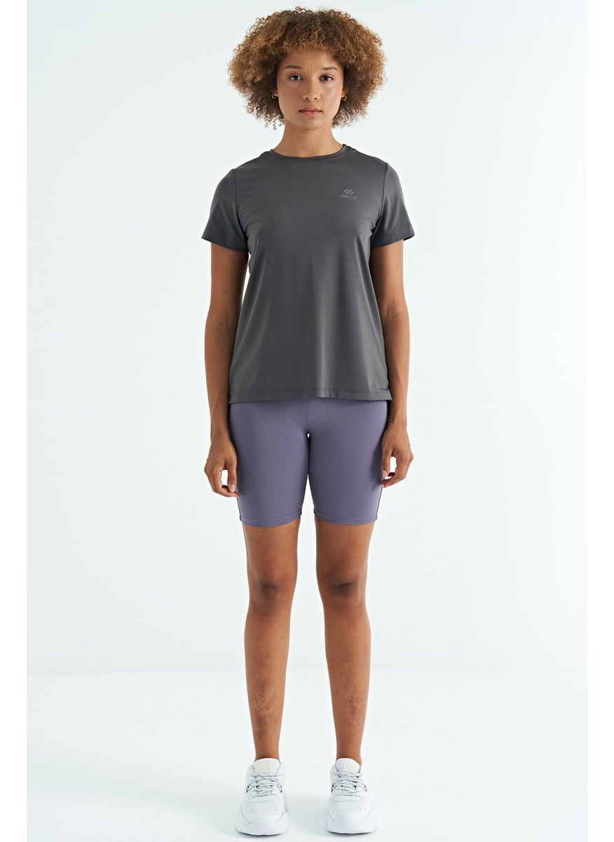 Dark Gray Back Slit Detail O Neck Short Sleeve Standard Fit Women's T-Shirt - 97267