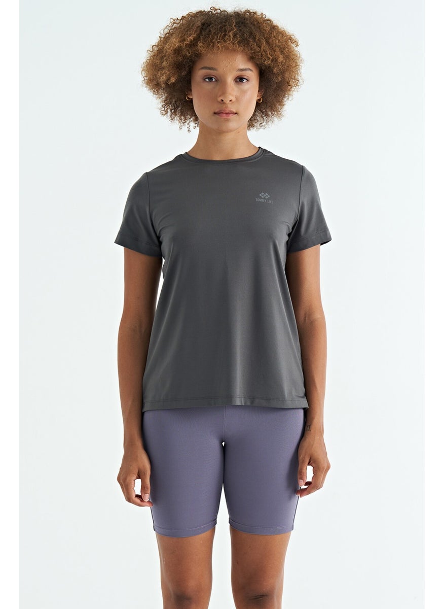 Dark Gray Back Slit Detail O Neck Short Sleeve Standard Fit Women's T-Shirt - 97267