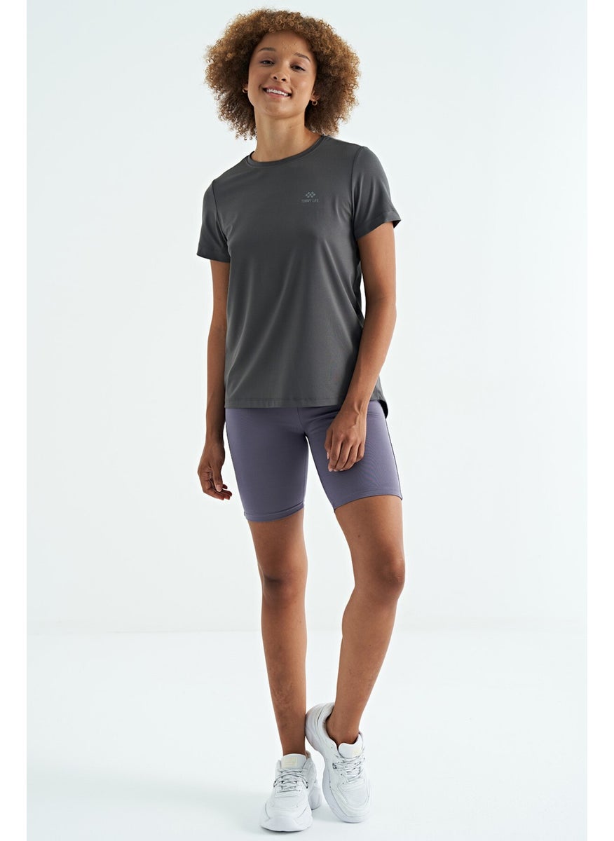 Dark Gray Back Slit Detail O Neck Short Sleeve Standard Fit Women's T-Shirt - 97267