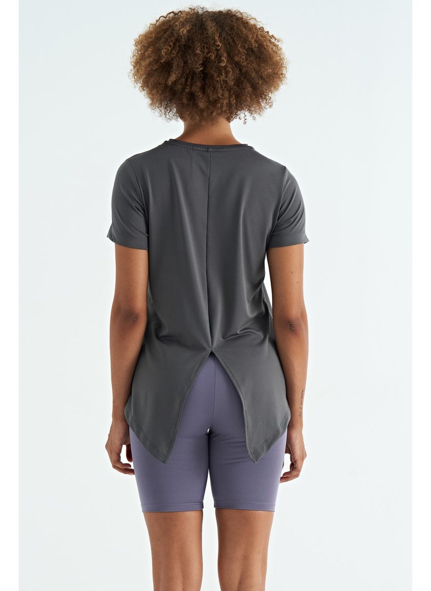 Dark Gray Back Slit Detail O Neck Short Sleeve Standard Fit Women's T-Shirt - 97267