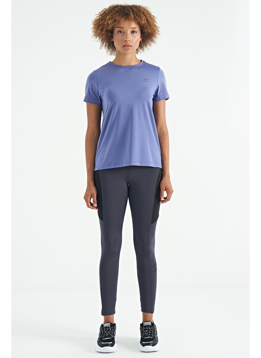 Purple Back Slit Detail O Neck Short Sleeve Standard Fit Women's T-Shirt - 97267