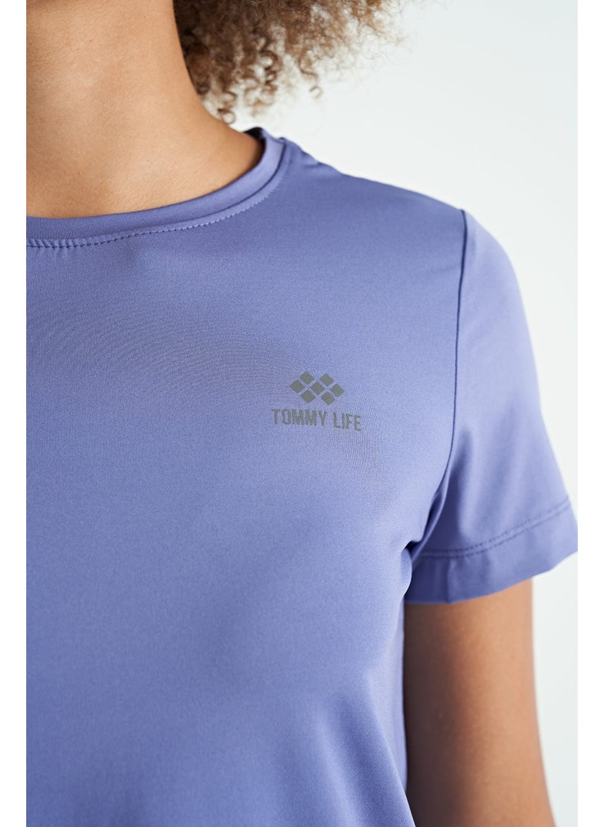 Purple Back Slit Detail O Neck Short Sleeve Standard Fit Women's T-Shirt - 97267