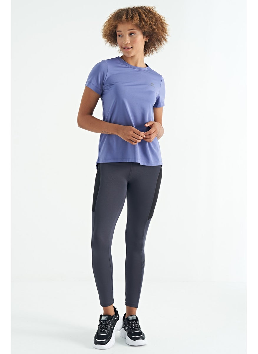Purple Back Slit Detail O Neck Short Sleeve Standard Fit Women's T-Shirt - 97267