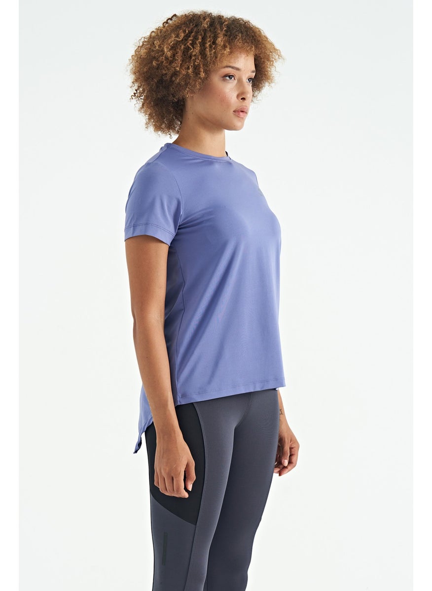 Purple Back Slit Detail O Neck Short Sleeve Standard Fit Women's T-Shirt - 97267