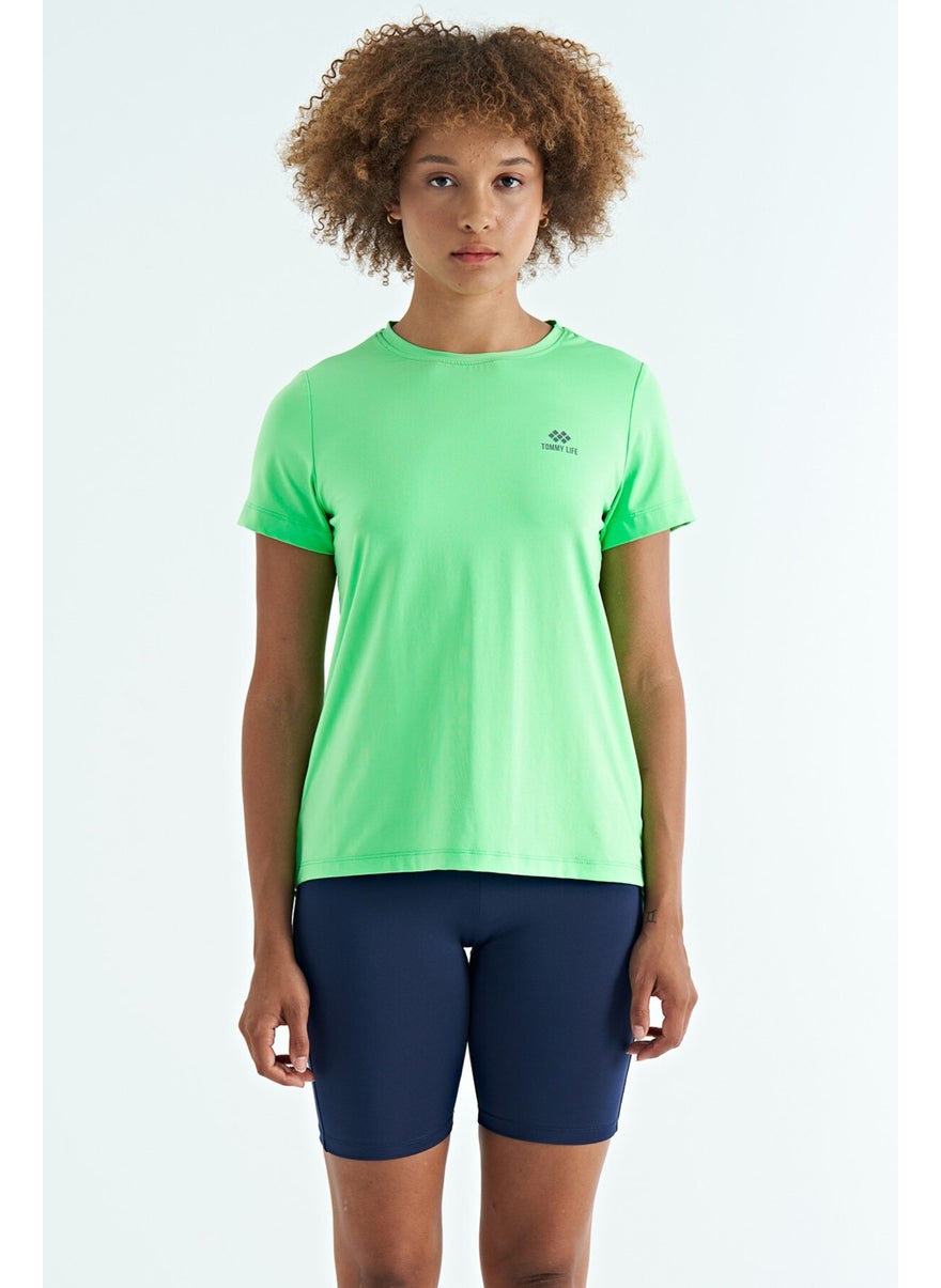 Neon Green Back Slit Detail O Neck Short Sleeve Standard Fit Women's T-Shirt - 97267