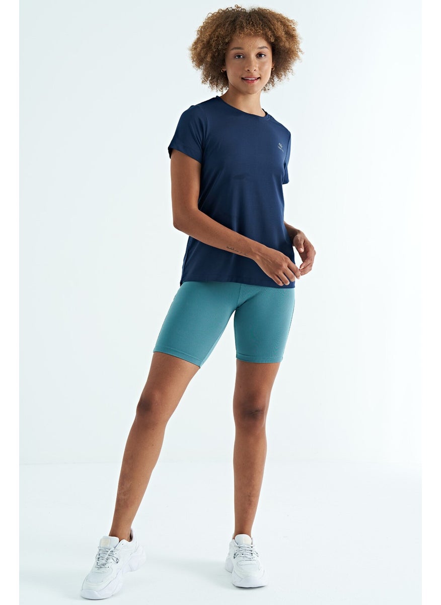 Indigo Back Slit Detail O Neck Short Sleeve Standard Fit Women's T-Shirt - 97267