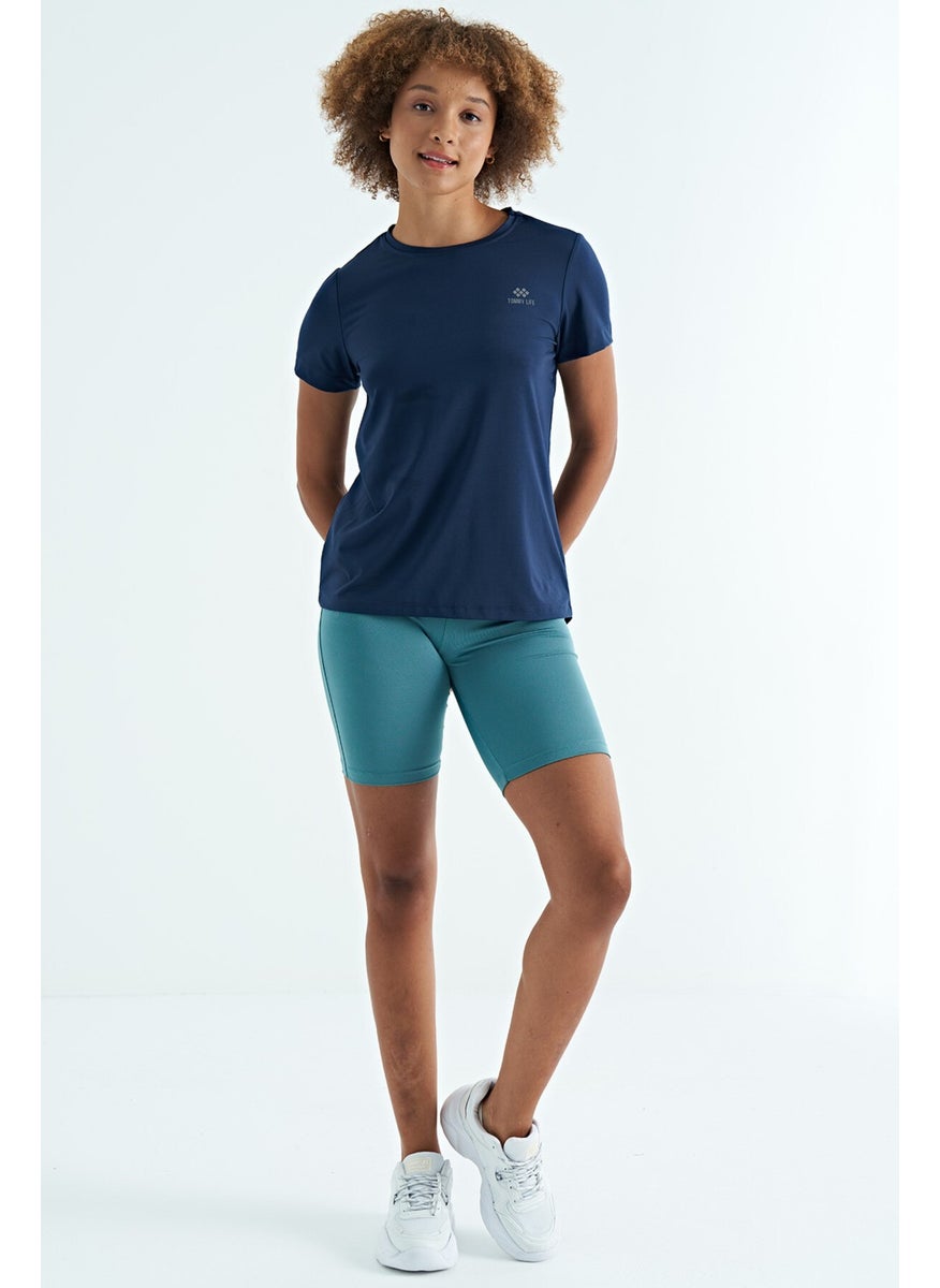 Indigo Back Slit Detail O Neck Short Sleeve Standard Fit Women's T-Shirt - 97267