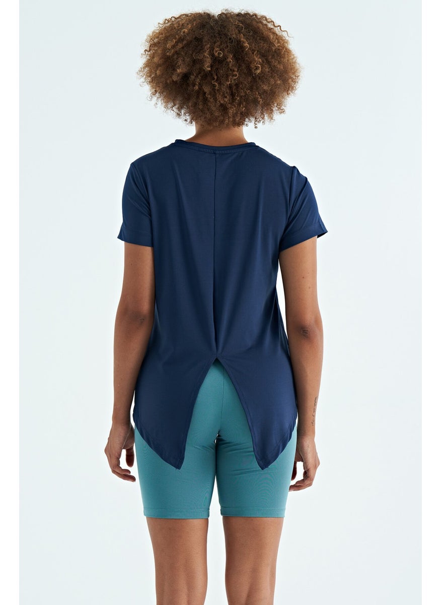 Indigo Back Slit Detail O Neck Short Sleeve Standard Fit Women's T-Shirt - 97267