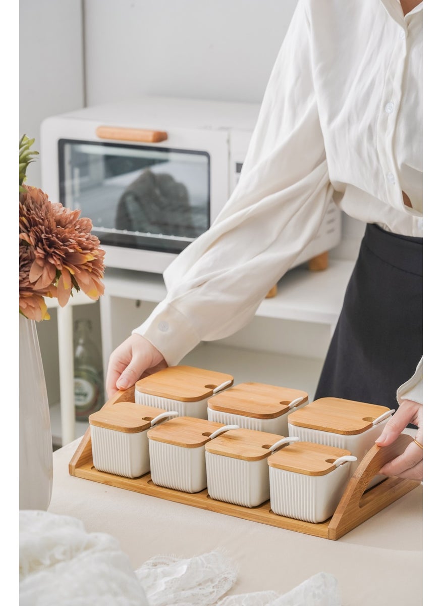 Larin 8 Piece Porcelain Spice Rack with Bamboo Stand and Porcelain Spoon