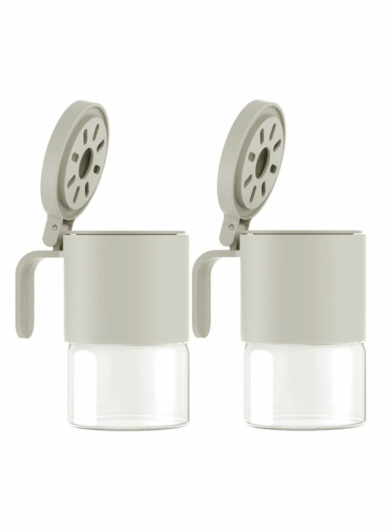 Glass Spice Jars Moisture-Proof Containers with Spoons, Set of 2 10oz/300ml Bottles, Mini Seasoning Storage Flapper Caps for Salt, Sugar, Peppers, Chili in Kitchen White