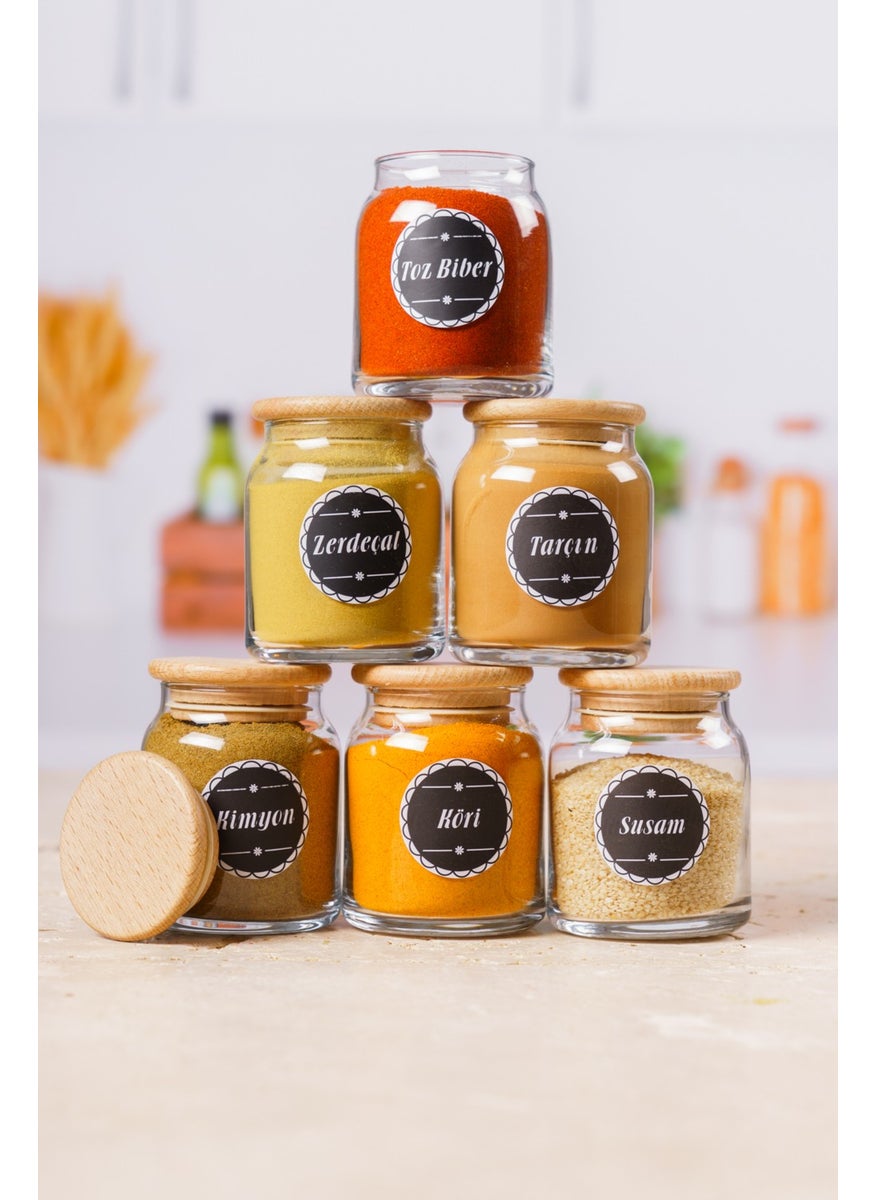 6 Piece Wooden Vacuum Lid Glass Jar Set 300 cc - 6 Piece Wooden Lid Spice Jar Black Label