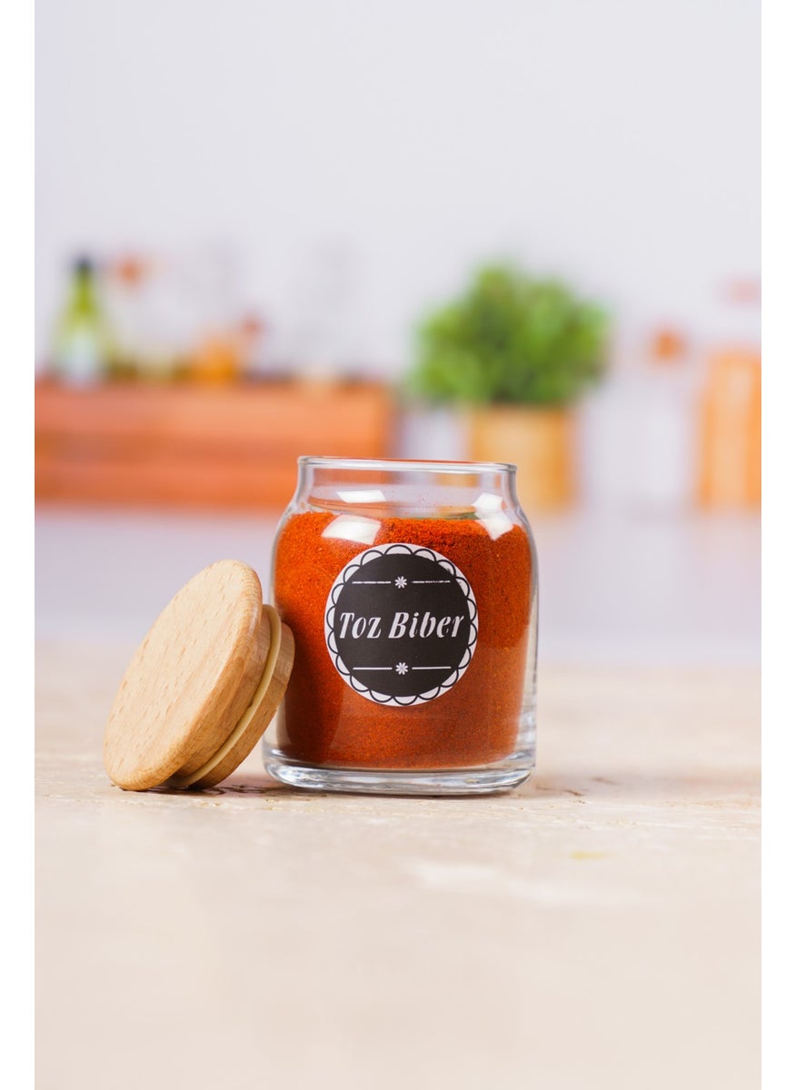 6 Pieces Wooden Spoon Wooden Lid Glass Jar 300 Cc-6 Spice Set Black Label