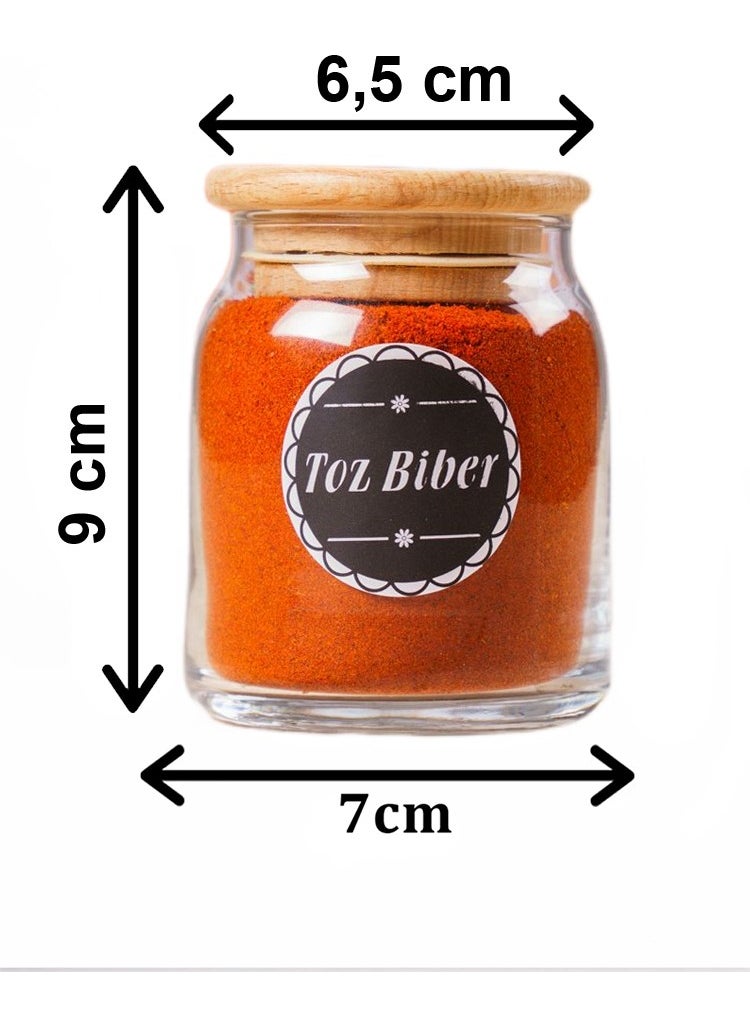 6 Pieces Wooden Spoon Wooden Lid Glass Jar 300 Cc-6 Spice Set Black Label